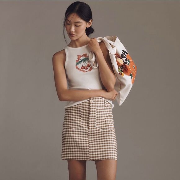 Anthropologie Dresses & Skirts - NWT Anthropologie The Colette Linen Blend Mini Skirt by Maeve Gingham Brown XXS